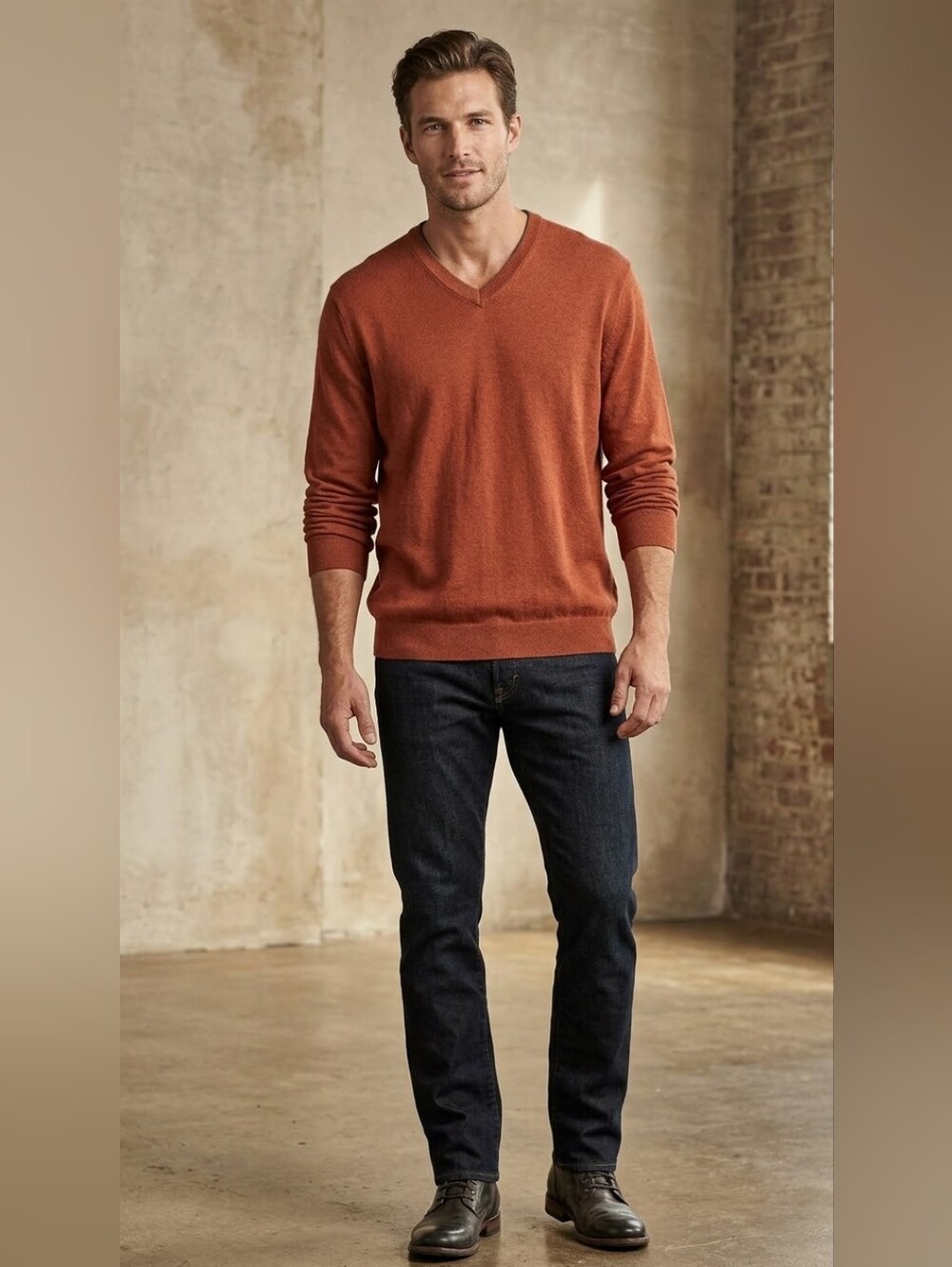 ​Johnston & Murphy Men’s Rust V-Neck Silk Blend Sweater XL